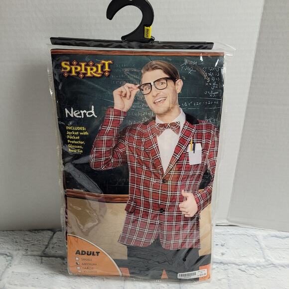 Spirit Halloween Med Nerd Costume Plaid Jacket Pocket Protector Bow Tie Glasses - Picture 1 of 11